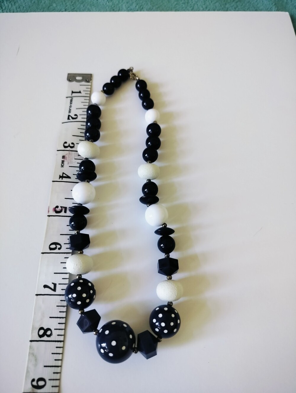 Vintage Bold Navy Blue & White Statement Necklace Polka Dot Geometric Beads